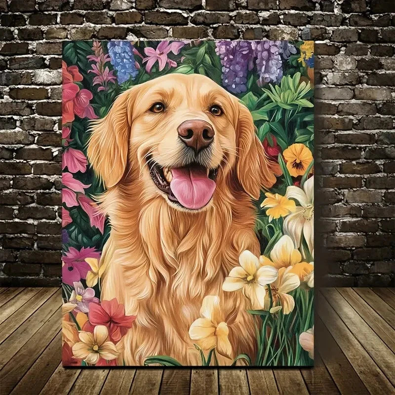 Flowers And Plants Cute Golden Retriever Painting 40x60cm Metal Print Ready to Hang