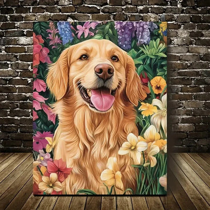 Flowers And Plants Cute Golden Retriever Painting 40x60cm Metal Print Ready to Hang