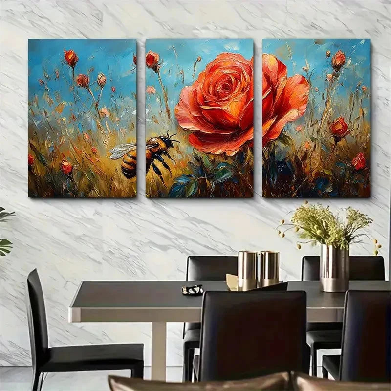 3pcs Red Rose Dog Floral Impasto Meadow Perfect Wall Art Set Canvas Framed 60x90cm - High Quality Print 100% Australian Made Wall Canvas Ready to Hang