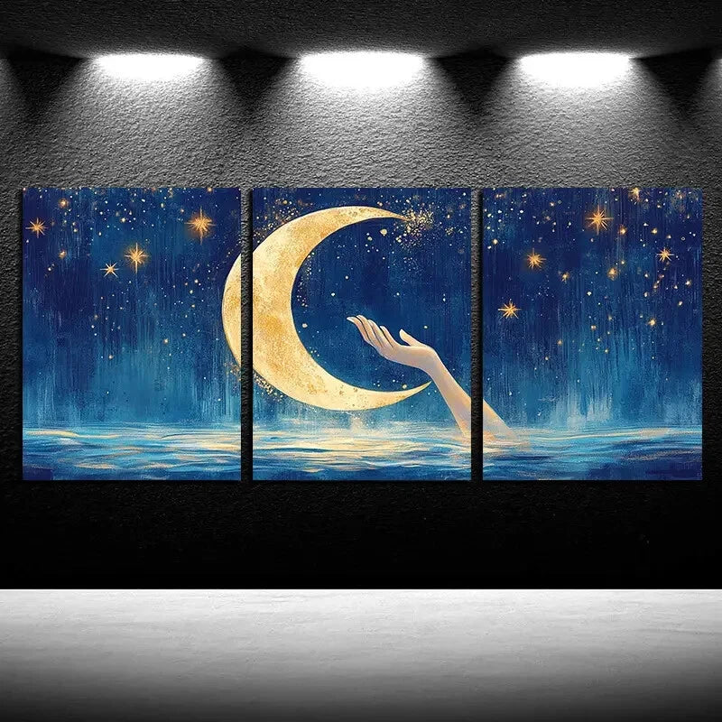 3pcs Vibrant Moon in My Hand Design Metal Print Ready to Hang Art