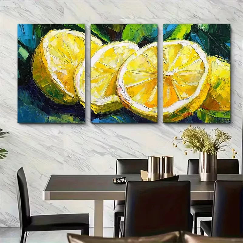 3pcs Lemon Slices Impasto Oil Painting Metal Print Ready to Hang Art