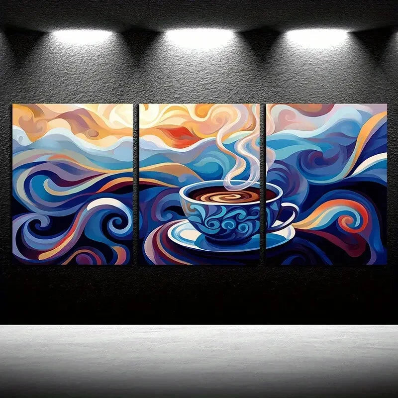 3pcs Abstract Coffee Wavy Vibrant Colors Design Metal Print Ready to Hang Art - Bella Home Decor