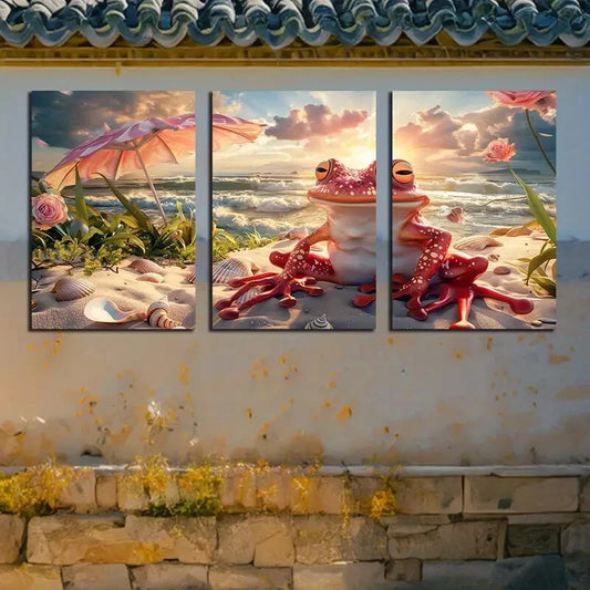 3pcs Peach Frog Relaxing on Beach with Umbrella Metal Print Ready to Hang Art