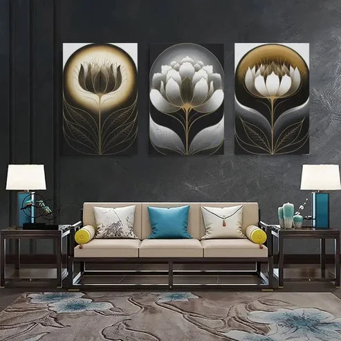 3pcs Golden Flower Canvas Decorations Wall Art Canvas Unframed - High Quality Print 100% Australian Made Wall Canvas - Bella Home Decor