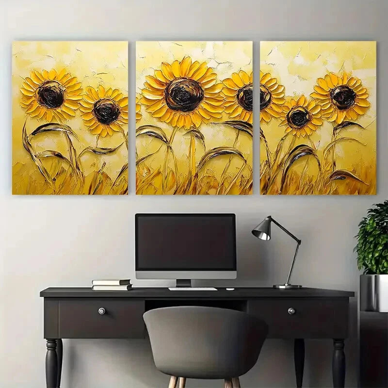 3pcs Vibrant Sunflower Yellow Floral Impasto Metal Print Ready to Hang Art - Bella Home Decor
