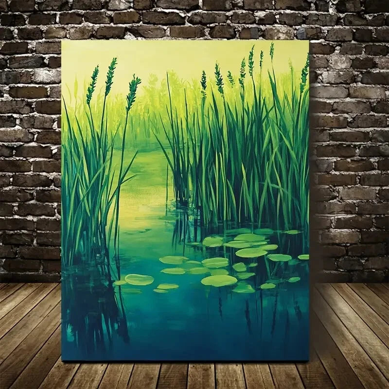 Serene Green Aquatic Grass Meadow with Lilies 40x60cm Metal Print Ready to Hang - Bella Home Decor