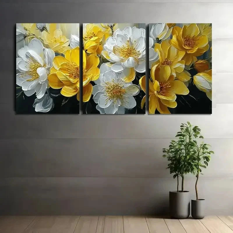 3pcs Oil Painting of Yellow and White Flowers Metal Print Ready to Hang Art - Bella Home Decor