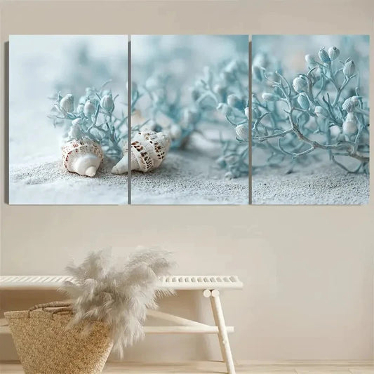 3pcs Pastel Blue Green Seaweeds and Seashells Wall Art Set Canvas Framed 40x60cm - High Quality Print 100% Australian Made Wall Canvas Ready to Hang