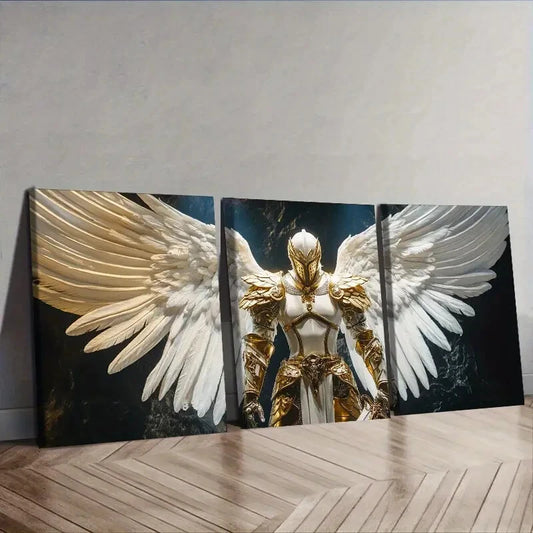 3pcs Angel in White and Golden Armor Wall Art Set Canvas Framed 40x60cm - High Quality Print 100% Australian Made Wall Canvas Ready to Hang