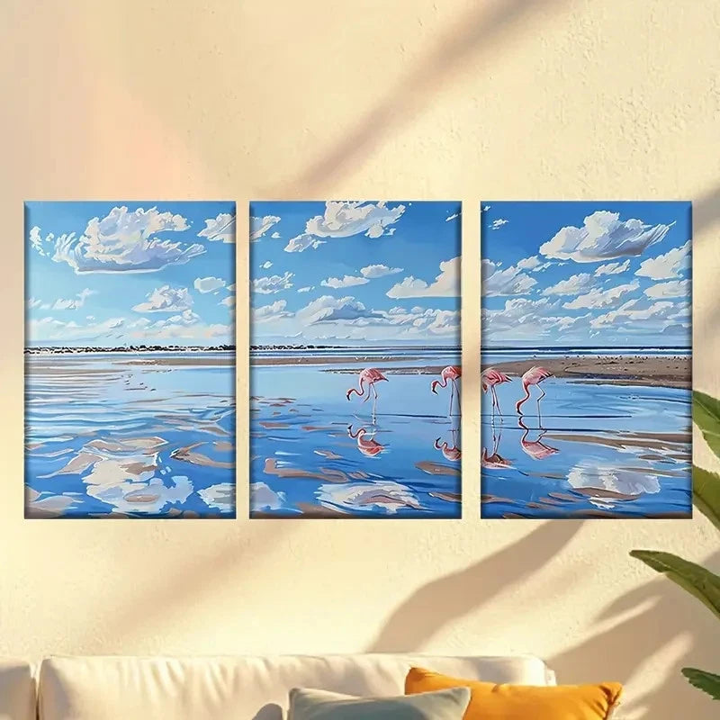 3pcs Flamingo Family Under The Blue Sky Wall Art Set Canvas Framed 40x60cm - High Quality Print 100% Australian Made Wall Canvas Ready to Hang