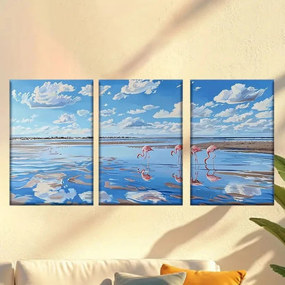 3pcs Flamingo Family Under The Blue Sky Wall Art Set Canvas Framed 40x60cm - High Quality Print 100% Australian Made Wall Canvas Ready to Hang
