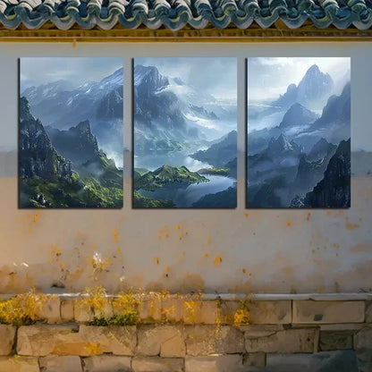 3pcs Mountain Peaks and Lake Surface Illustration Metal Print Ready to Hang Art - Bella Home Decor