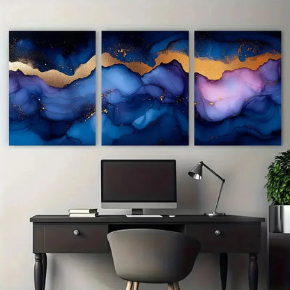 3pcs Abstract Marbling in Blue Purple Golden Metal Print Ready to Hang Art - Bella Home Decor