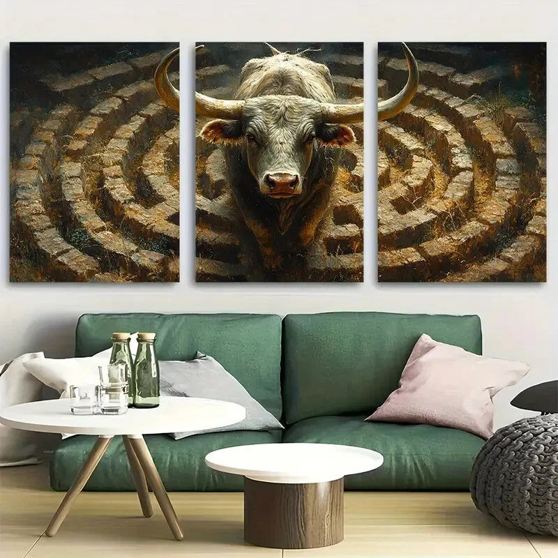 3pcs Majestic Bull Roaming Around Labyrinth Metal Print Ready to Hang Art