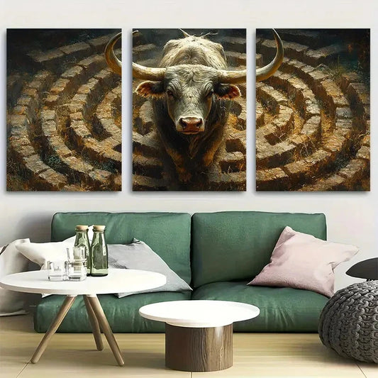 3pcs Majestic Bull Roaming Around Labyrinth Metal Print Ready to Hang Art