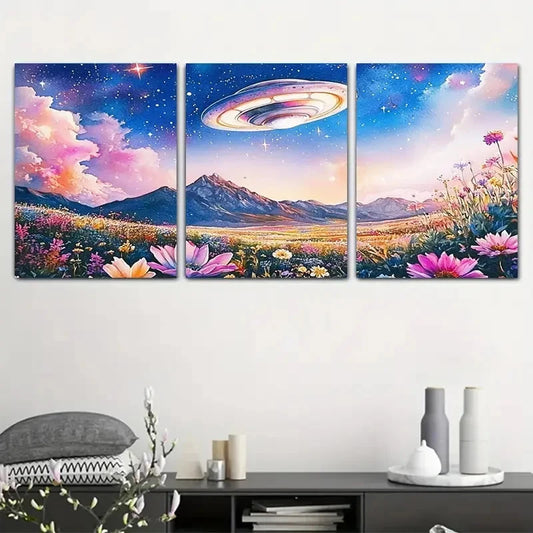 3pcs Sky Pink Clouds UFO Mountain Wall Art Canvas Framed 60x90cm - High Quality Print 100% Australian Made Wall Canvas Ready to Hang