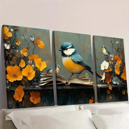 3pcs Blue Tit Birds & Vibrant Orange Flower R   Wall Art Set Canvas Framed 50x70cm - High Quality Print 100% Australian Made Wall Canvas Ready to Hang - Bella Home Decor