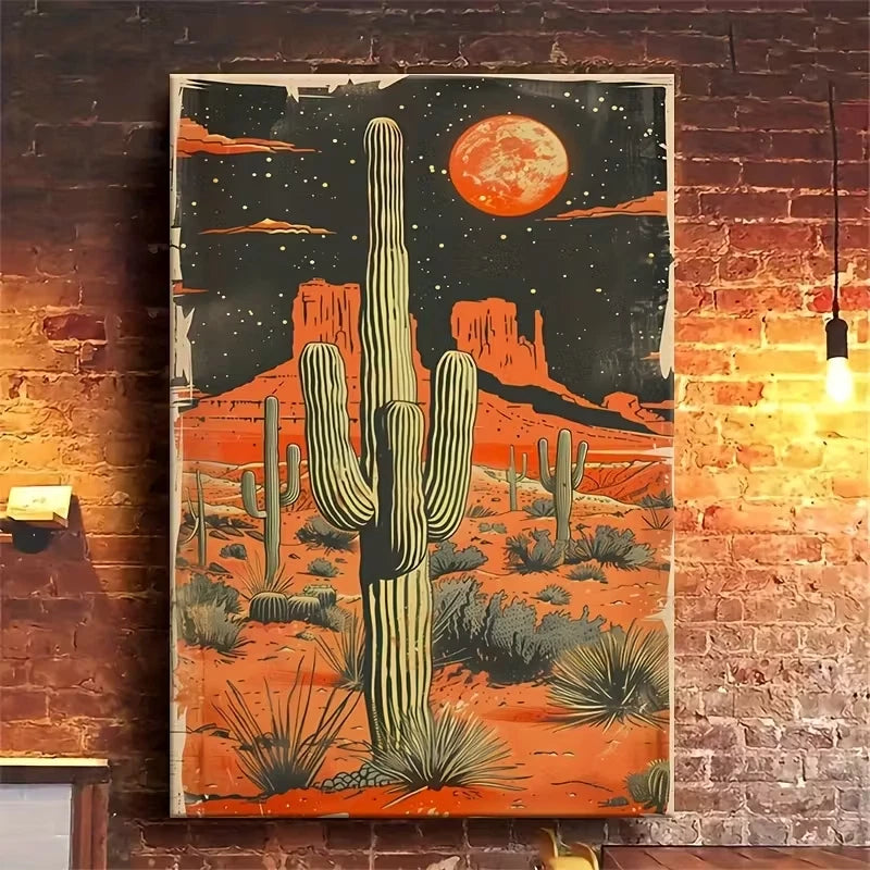 Desert Cactus Under Blood-Red Moon Portrait 60x90cm Home Decor Wall Print Art - Bella Home Decor