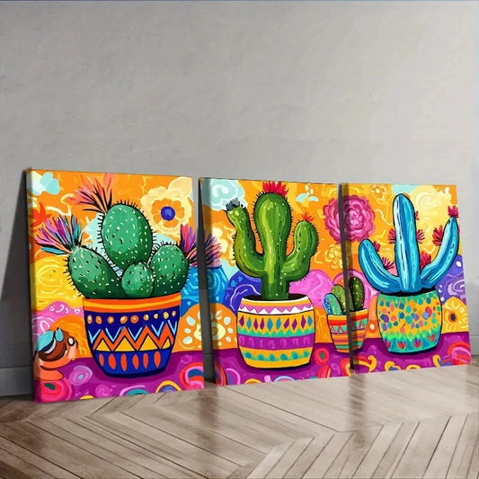 3pcs Cactus in colorful flower POTS Wall Art Set Canvas Framed 40x60cm - High Quality Print 100% Australian Made Wall Canvas Ready to Hang