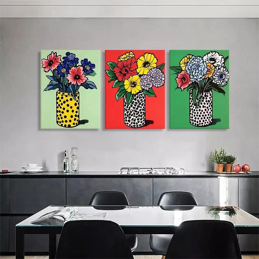 3pcs Colorful Floral Flower Vases Perfect Wall Art Set Canvas Framed 40x60cm - High Quality Print 100% Australian Made Wall Canvas Ready to Hang