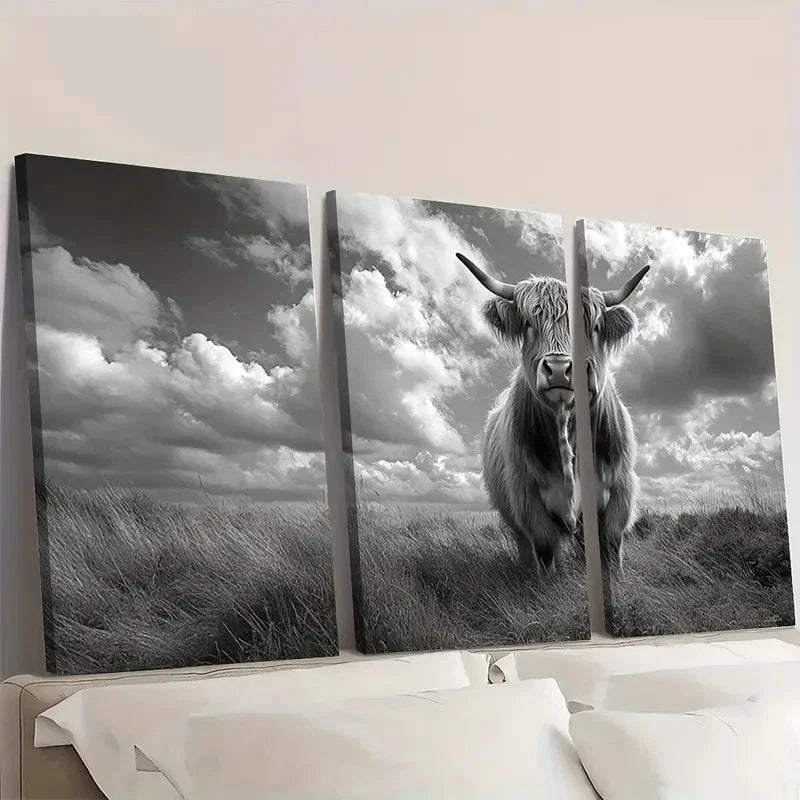 3pcs Black & White Rustic Cow  DE  Wall Art Set Canvas Framed 60x90cm - High Quality Print 100% Australian Made Wall Canvas Ready to Hang - Bella Home Decor