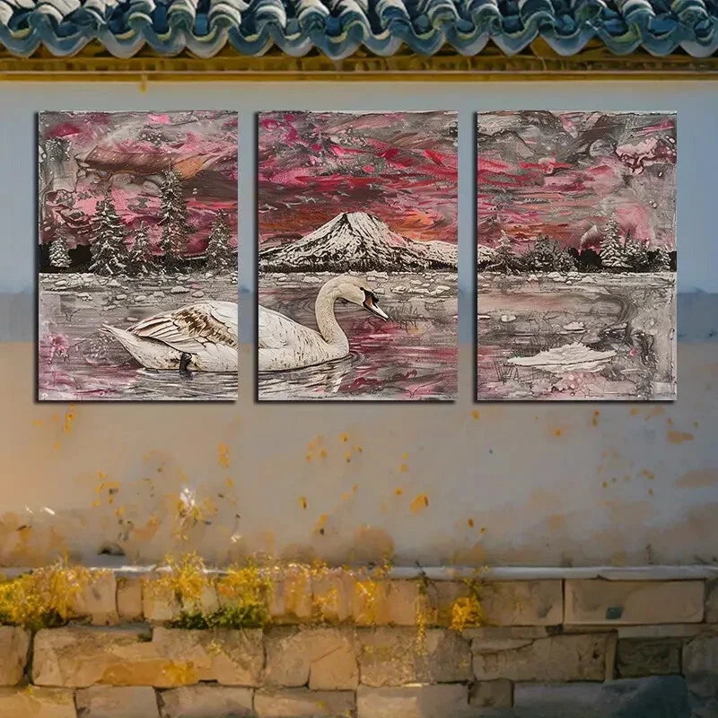 3pcs Vibrant Swan Lake Nature Inspired Design Metal Print Ready to Hang Art