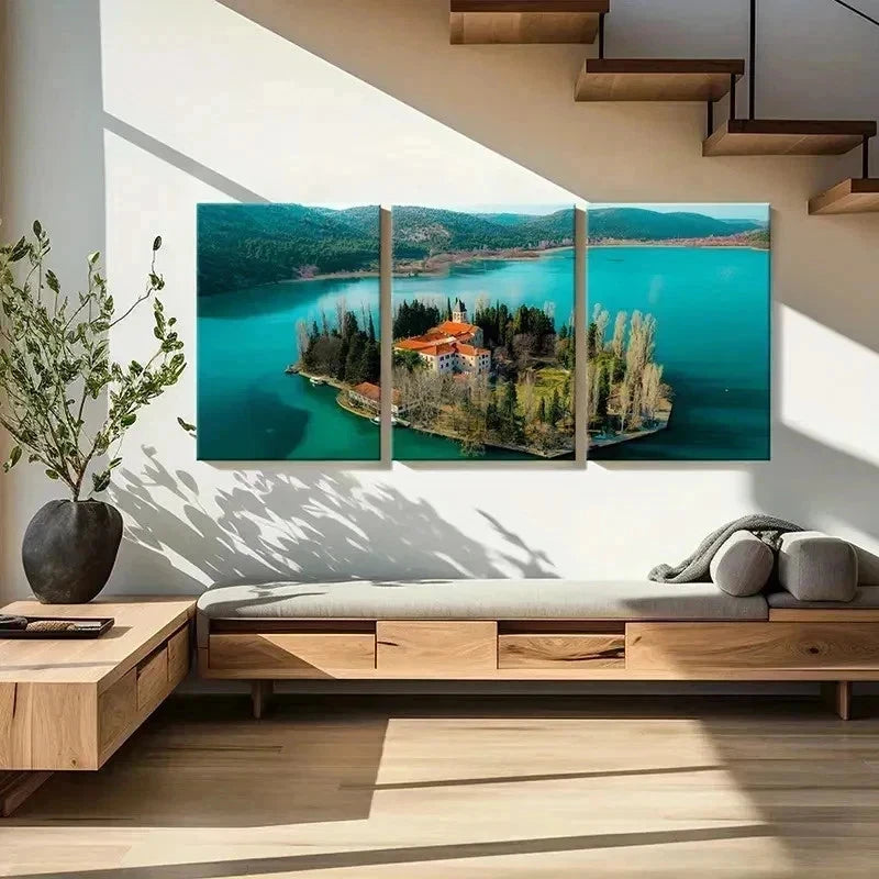 3pcs Lake House Island Modern Landscape Wall Art Set Canvas Framed 60x90cm - High Quality Print 100% Australian Made Wall Canvas Ready to Hang