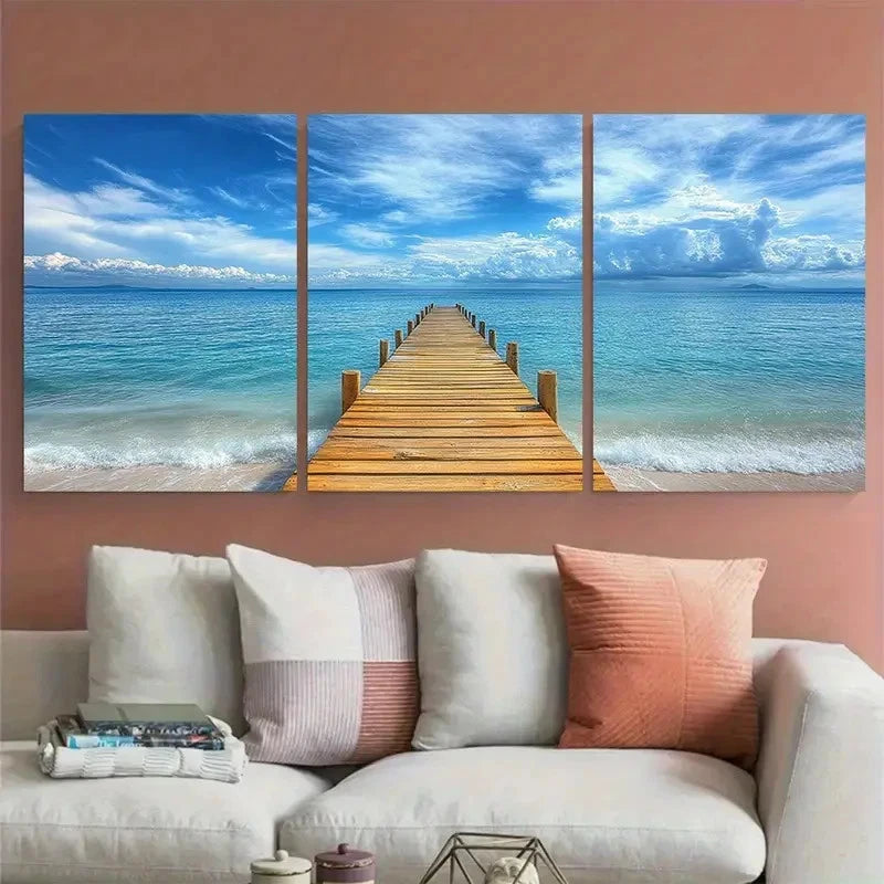 3pcs Beach Pier Blue Skies Design Metal Print Ready to Hang Art - Bella Home Decor
