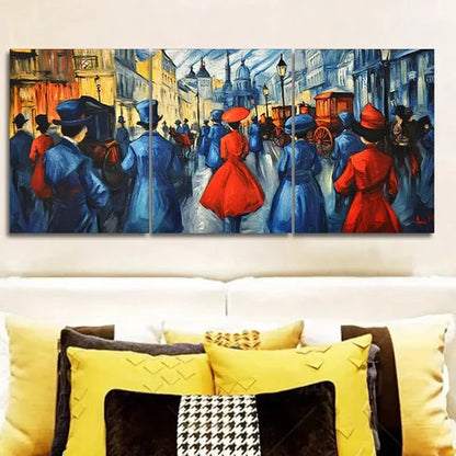 3pcs Vibrant Market Scene with People in Red Wall Art Canvas Unframed - High Quality Print 100% Australian Made Wall Canvas