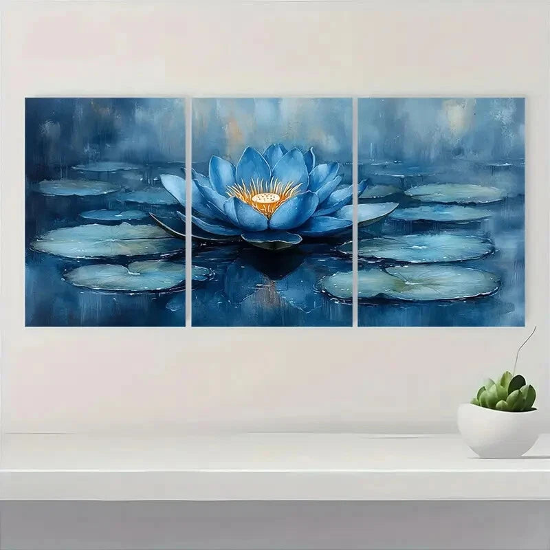 3pcs Blue Lotus Flower Serene Watercolor Metal Print Ready to Hang Art - Bella Home Decor