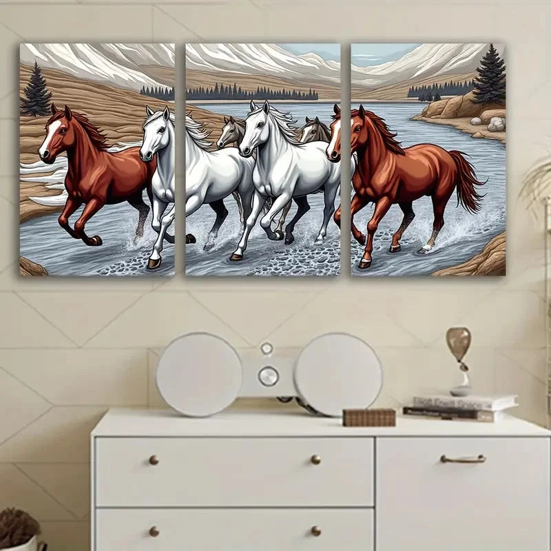 3pcs Dynamic Running Horses In A River Poster Wall Art Set Canvas Framed 40x60cm - High Quality Print 100% Australian Made Wall Canvas Ready to Hang - Bella Home Decor
