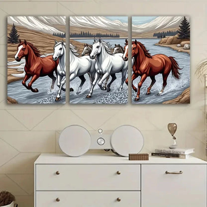 3pcs Dynamic Running Horses In A River Poster Wall Art Set Canvas Framed 40x60cm - High Quality Print 100% Australian Made Wall Canvas Ready to Hang - Bella Home Decor