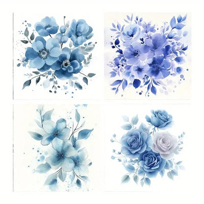 4pcs Blue Flower Canvas Prints Wall Art Canvas Framed