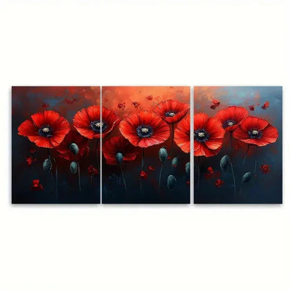3pcs Red Poppies Floral Illustration Wall Art Set Canvas Unframed - High Quality Print 100% Australian Made Wall Canvas