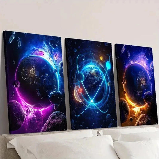 3pcs Outer Space & Sci-Fi Fantasy Planets Wall Art Set Canvas Framed 50x70cm - High Quality Print 100% Australian Made Wall Canvas Ready to Hang