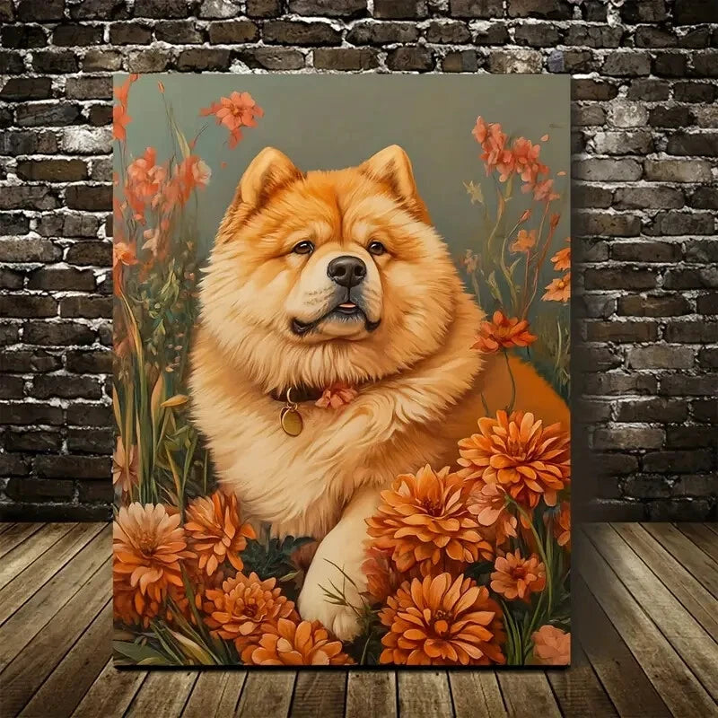 Adorable Chow Chow Dog with Autumn Flowers Painting 40x60cm Metal Print Ready to Hang - Bella Home Decor
