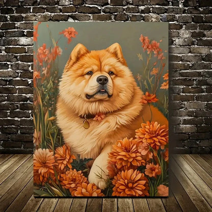 Adorable Chow Chow Dog with Autumn Flowers Painting 40x60cm Metal Print Ready to Hang - Bella Home Decor
