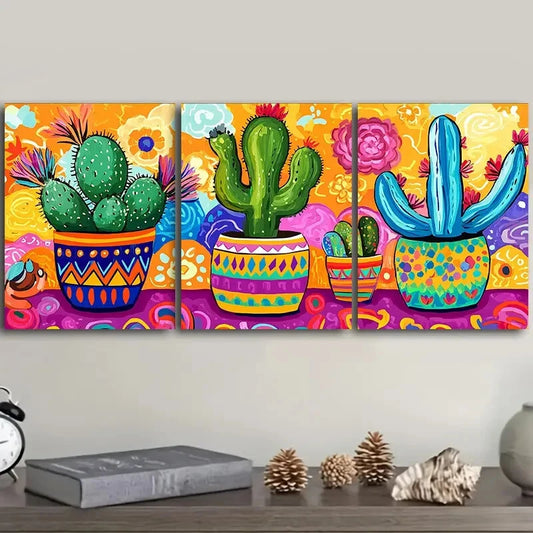 3pcs Cactus in colorful flower POTS Metal Print Ready to Hang Art