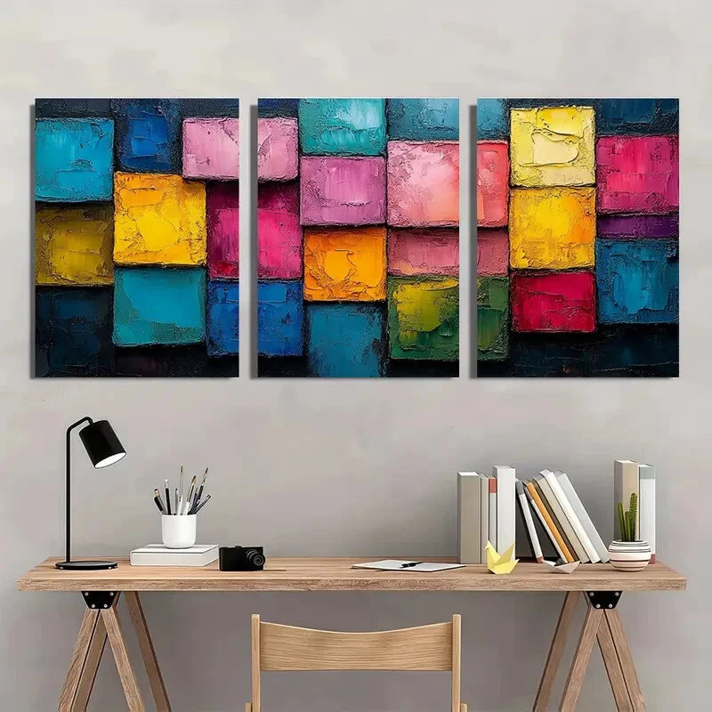 3pcs Abstract Colorful Block Oil Painting Metal Print Ready to Hang Art - Bella Home Decor