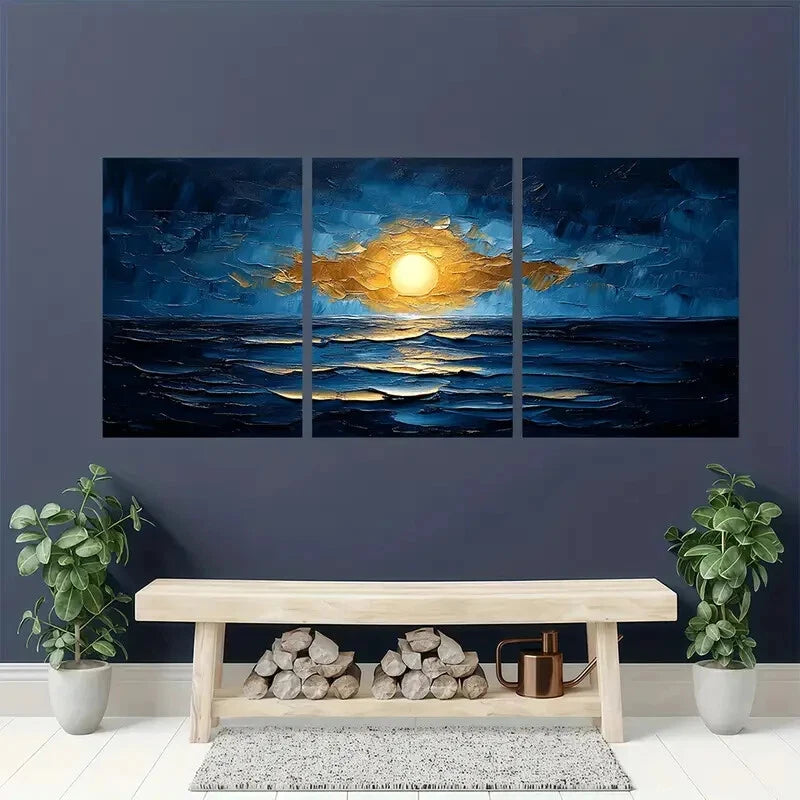 3pcs Abstract Blue & Golden Textured Artwork Metal Print Ready to Hang Art - Bella Home Decor