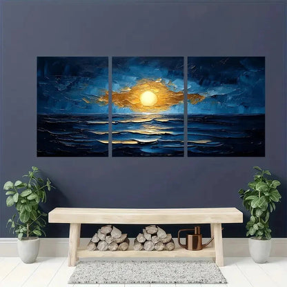 3pcs Abstract Blue & Golden Textured Artwork Metal Print Ready to Hang Art - Bella Home Decor