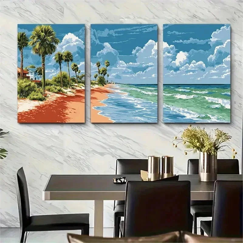 3pcs Tropical Palm Trees & Ocean Waves Perfect Wall Art Set Canvas Framed 50x70cm - High Quality Print 100% Australian Made Wall Canvas Ready to Hang
