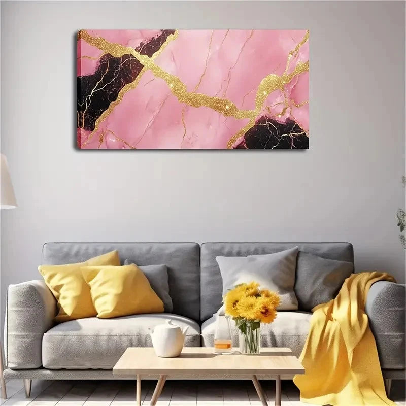 Pink & Black With Golden Accent Wall Art Canvas Office Home Room Framed 120x60cm