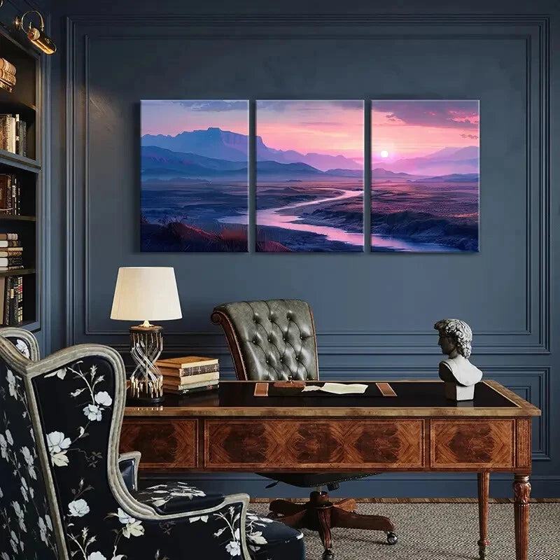 3pcs Sunset Landscape Mountain View River Flow Metal Print Ready to Hang Art - Bella Home Decor