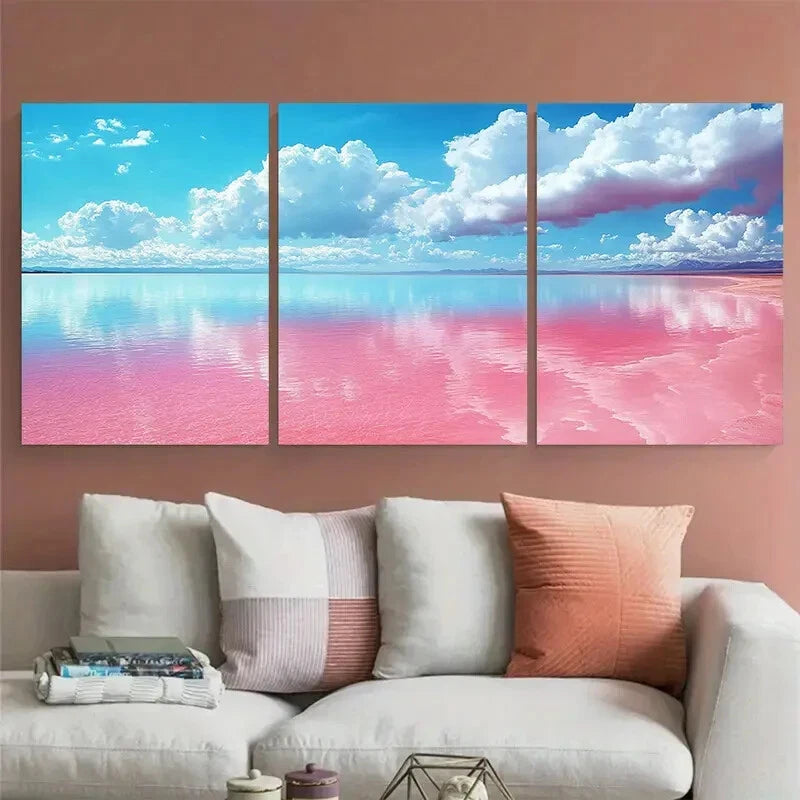 3pcs Vibrant Pink Salt Lake Illustration Metal Print Ready to Hang Art - Bella Home Decor
