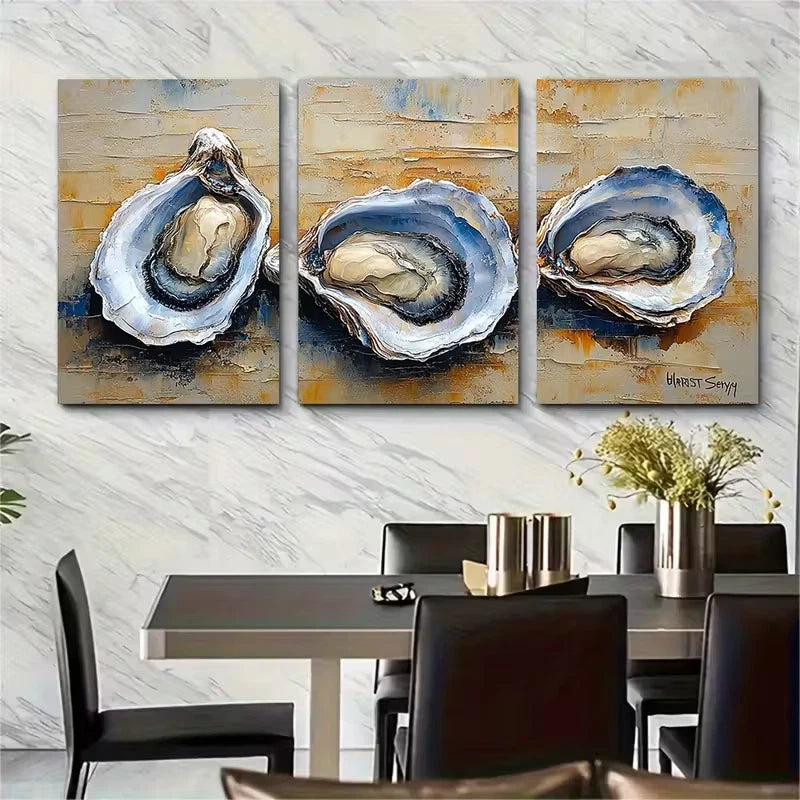 3pcs Oyster Painting Impasto Style Metal Print Ready to Hang Art