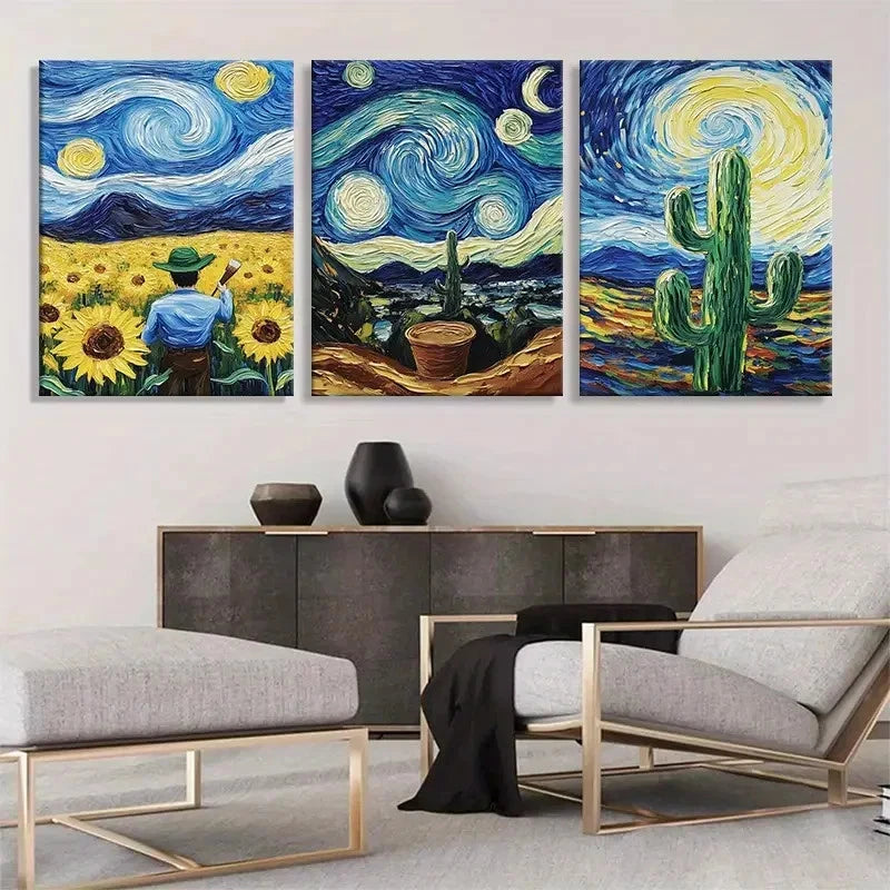 3pcs Gogh Starry Night, Sunflower & Cactus Wall Art Set Canvas Framed 40x60cm - High Quality Print 100% Australian Made Wall Canvas Ready to Hang - Bella Home Decor