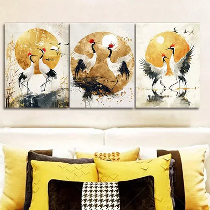 3pcs Golden Cranes Modern Contemporary Style Wall Art Canvas Unframed - High Quality Print 100% Australian Made Wall Canvas