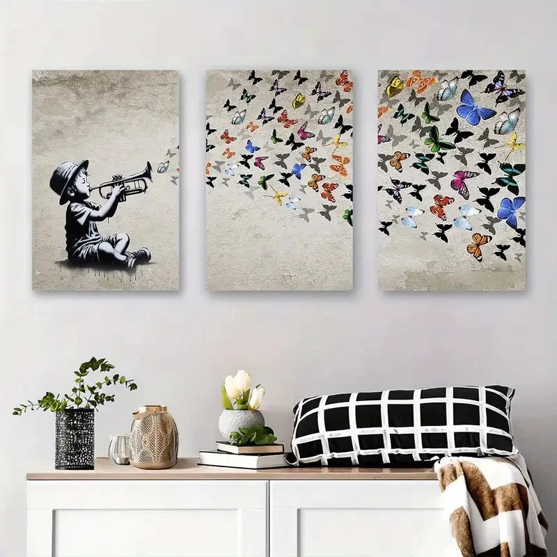 3pcs Musical Notes and Colorful Butterflies  Wall Art Canvas Framed 40x60cm - High Quality Print 100% Australian Made Wall Canvas Ready to Hang