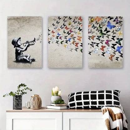 3pcs Musical Notes and Colorful Butterflies  Wall Art Canvas Framed 40x60cm - High Quality Print 100% Australian Made Wall Canvas Ready to Hang
